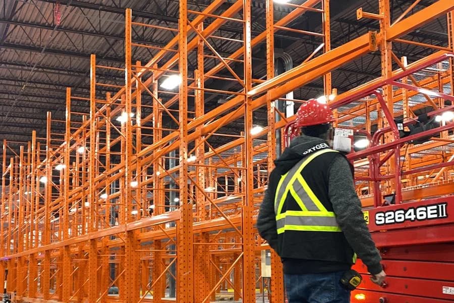 3E Racking Systems technician inspecting pallet racking in a warehouse