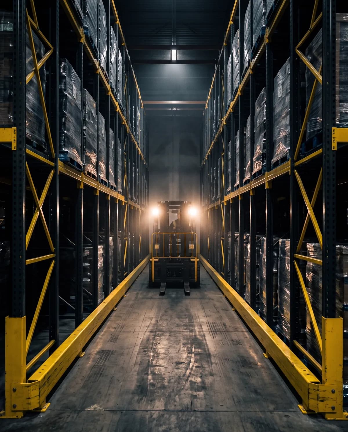 Forklift driving inside a drive-in racking lane