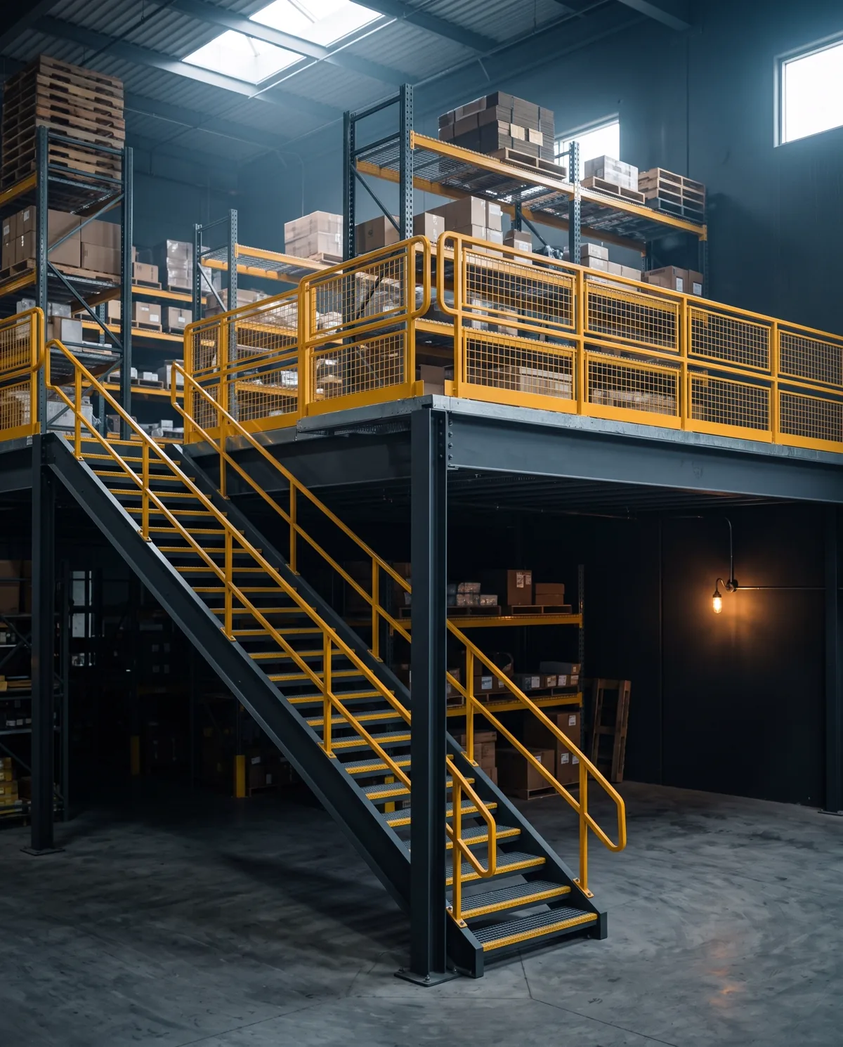 Steel industrial mezzanine with yellow railing