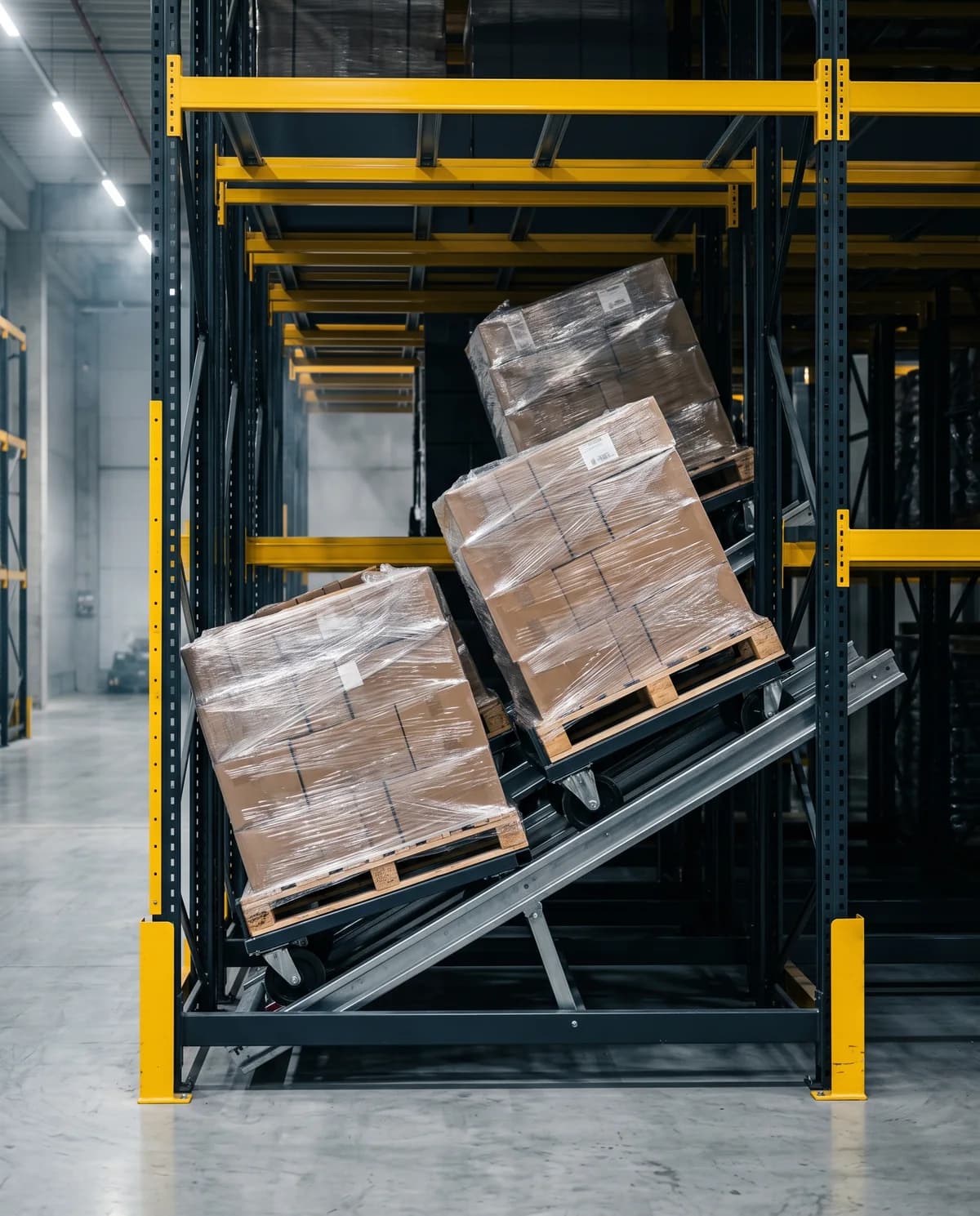 Nested push-back carts on inclined rails