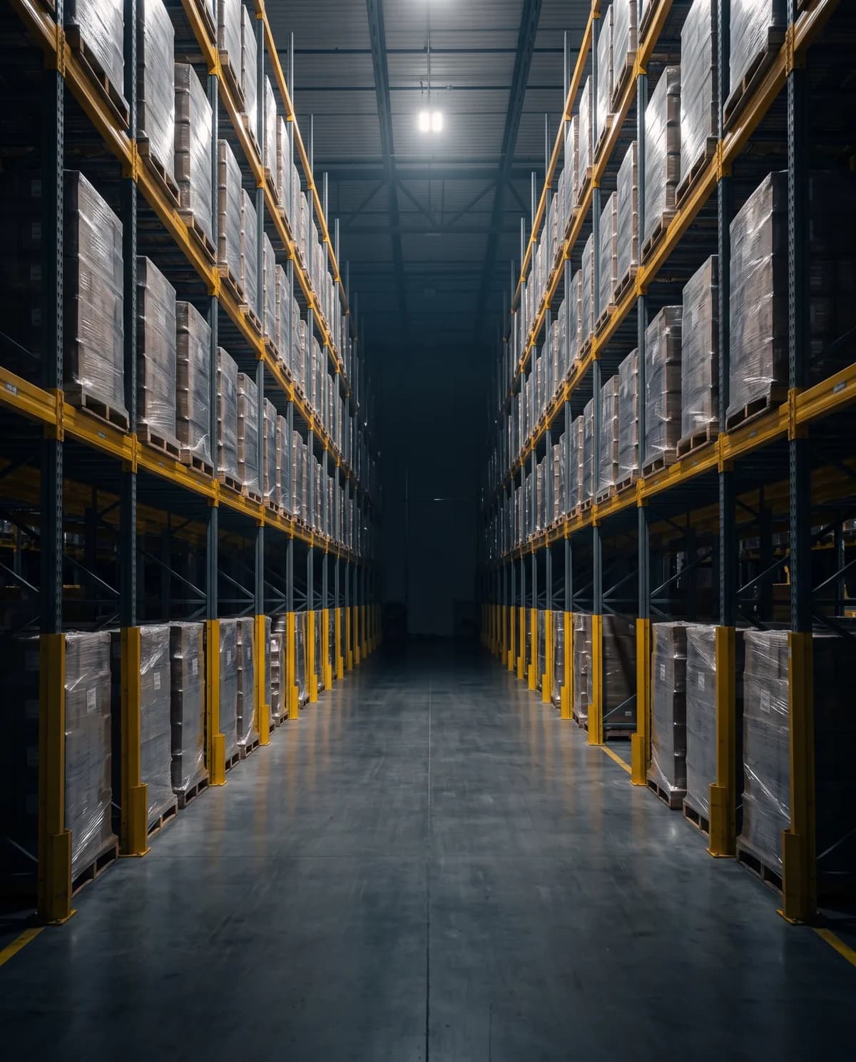 Selective racking aisle with yellow uprights